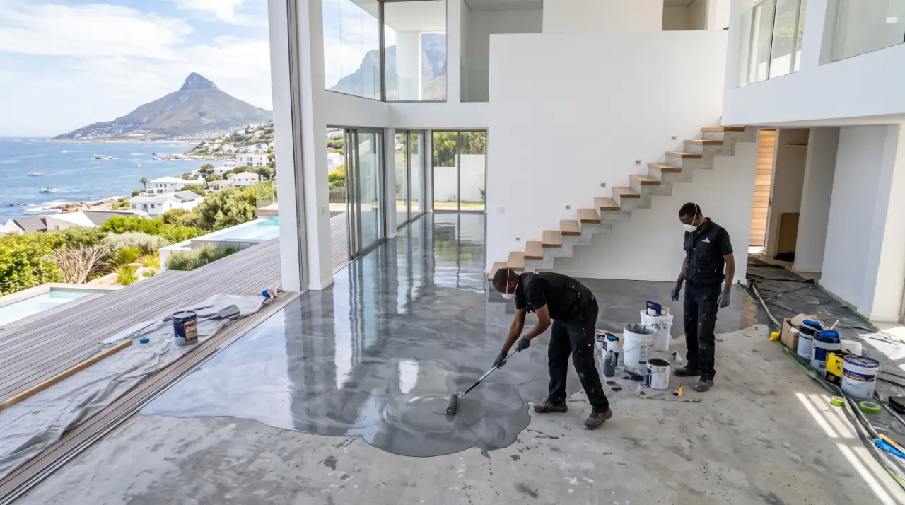 Epoxy flooring being applied to a garage floor in East London by 5-Star rated experts